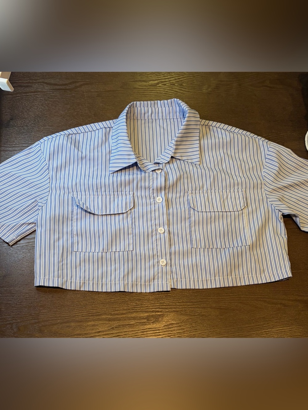SHEIN Blue and White Striped Cropped Button-Down Top